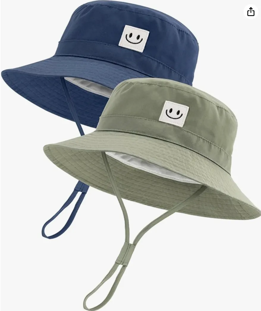 Navy and sage baby bucket hats with chin straps and smiley face patches
