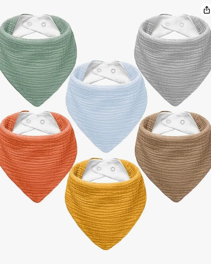 Six textured bandana-style baby bibs in green, blue, gray, orange, yellow, and brown