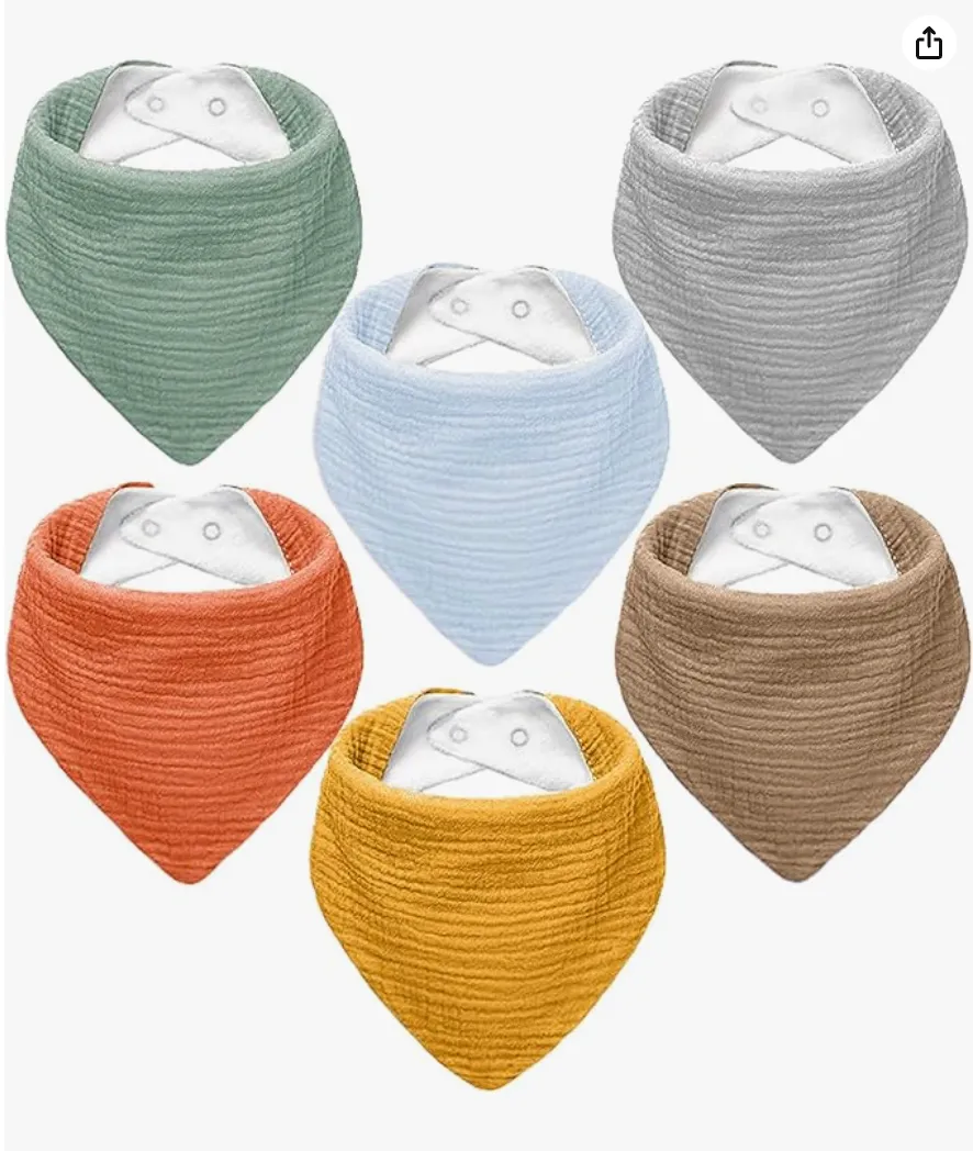 Six textured bandana-style baby bibs in green, blue, gray, orange, yellow, and brown