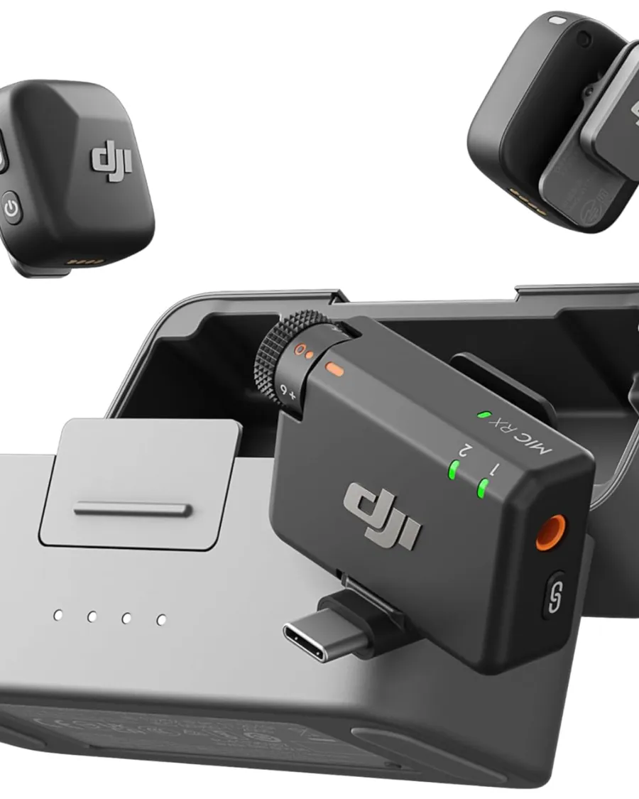 DJI Mic Mini wireless microphone kit with receiver, transmitter, and charging case