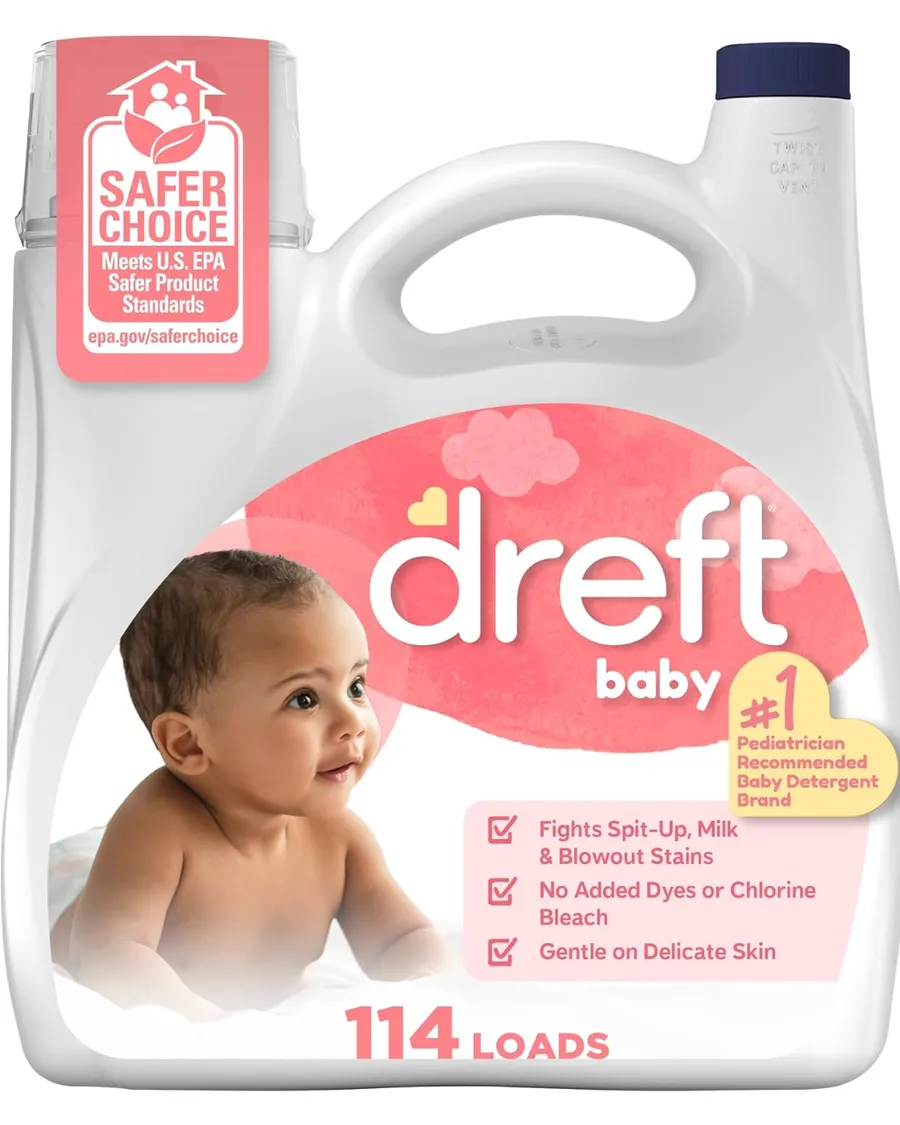 Dreft baby laundry detergent bottle with pink label and baby photo