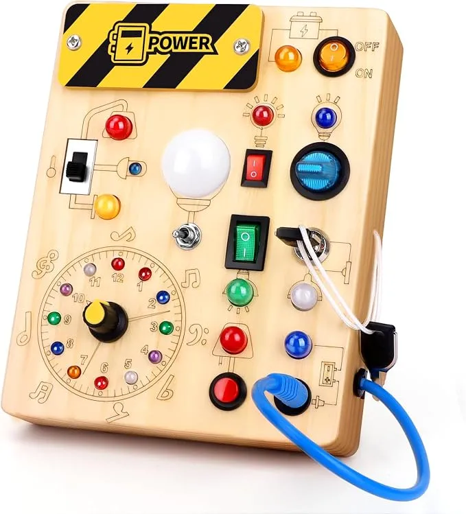 Grarain Montessori busy board with switches, dials, and latches