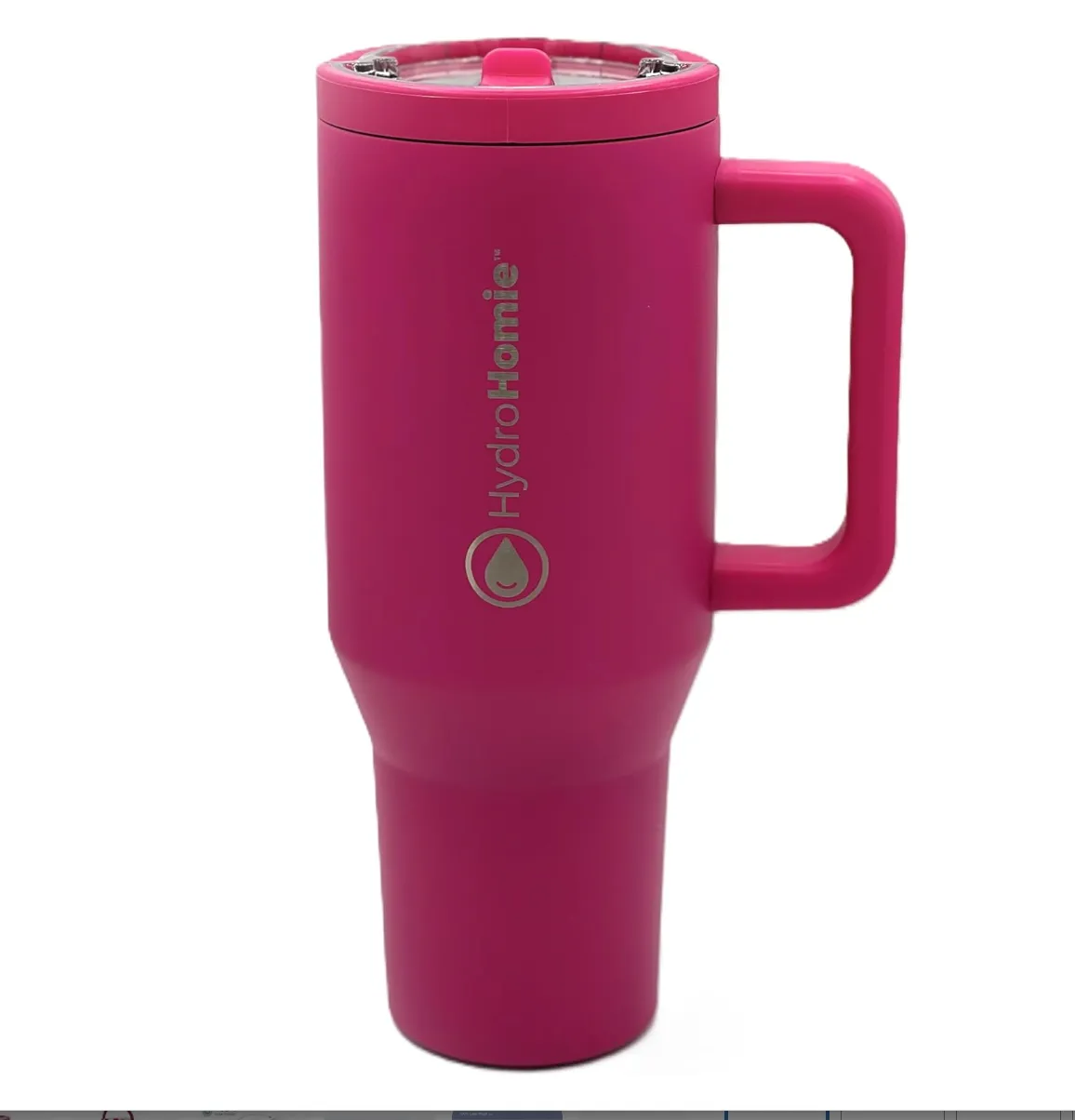 Hot pink HydroJug Pro Tumbler with handle and lid