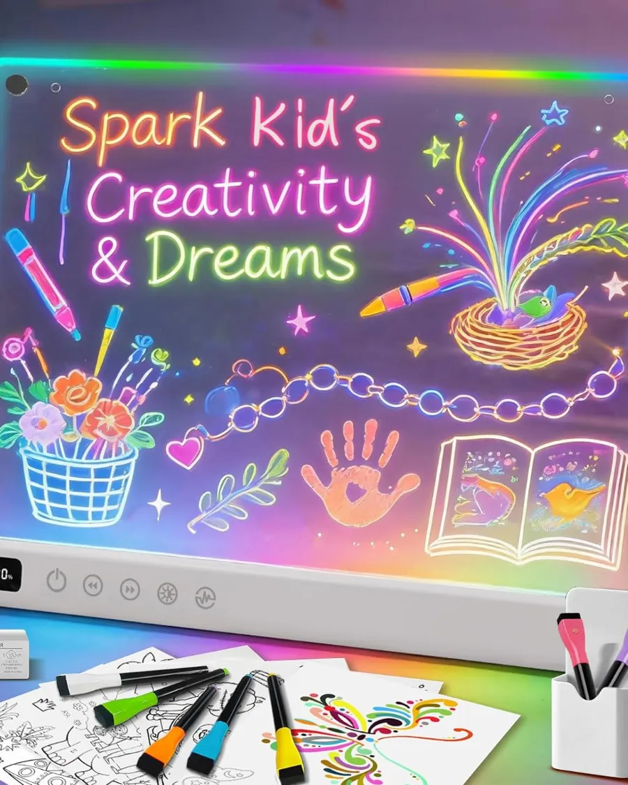 LED drawing board with glowing colorful artwork and markers