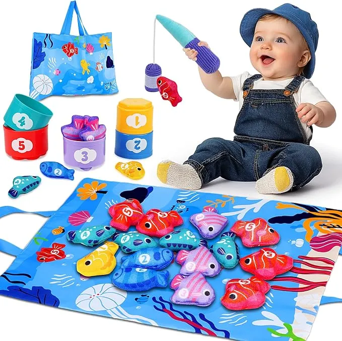 Montessori cloth fishing game with stacking cups