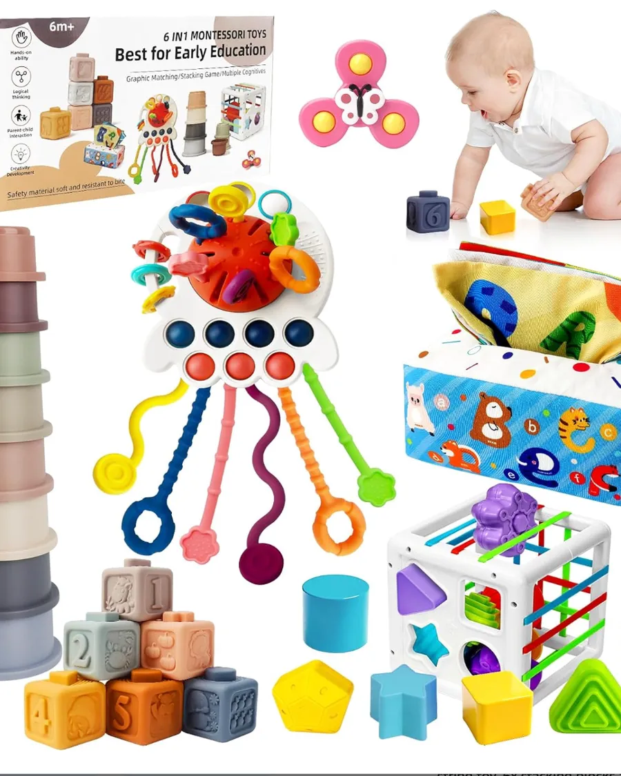 Montessori baby toy set with stacking cups, blocks, teething toys, tissue box, and shape sorter