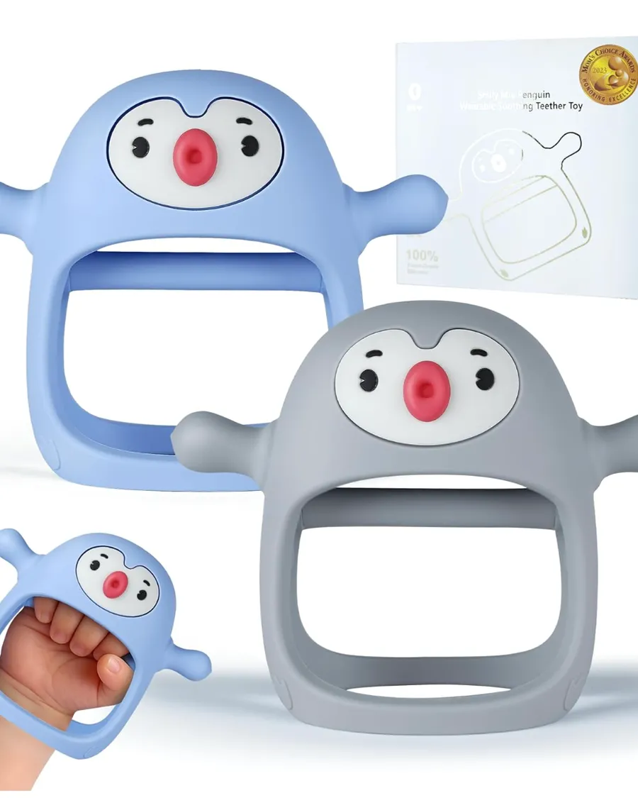 Blue and gray penguin-shaped silicone teething toys with packaging