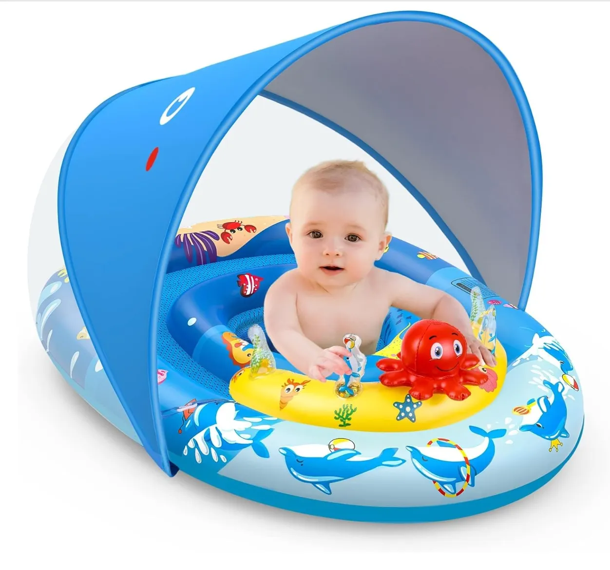 Baby pool float with canopy and attached toys