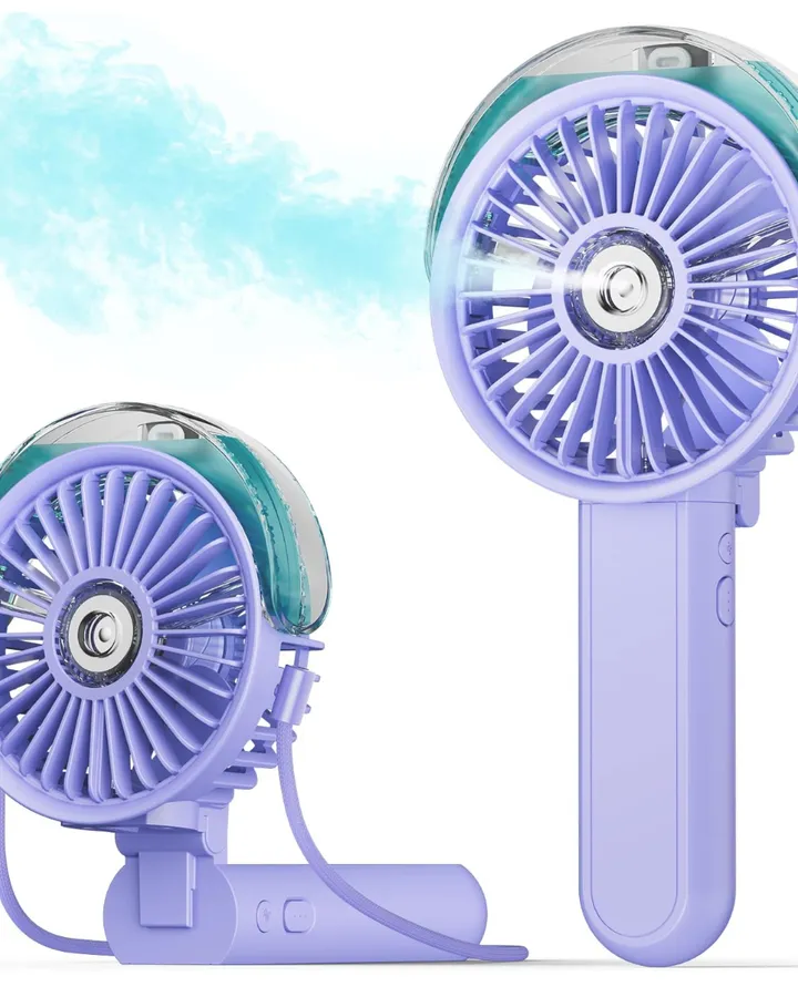 Purple portable misting fan shown folded and upright with blue mist