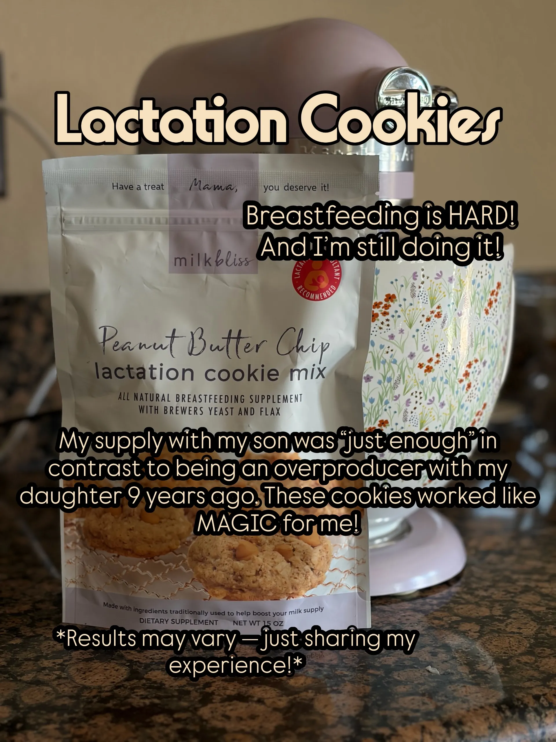 MilkBliss peanut butter chip cookie mix beside a stand mixer