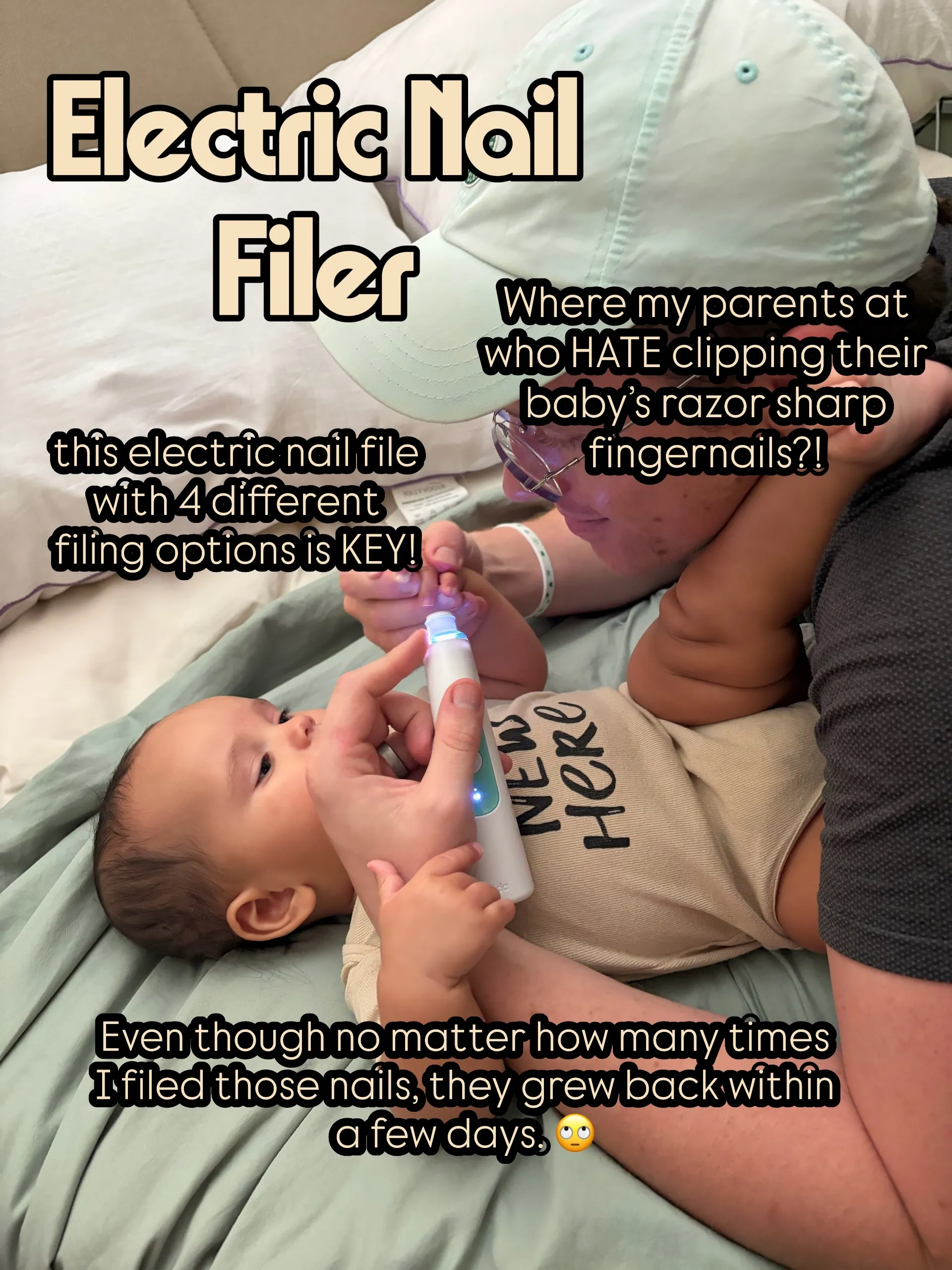 Jess using an electric nail buffer on Noah’s fingernails
