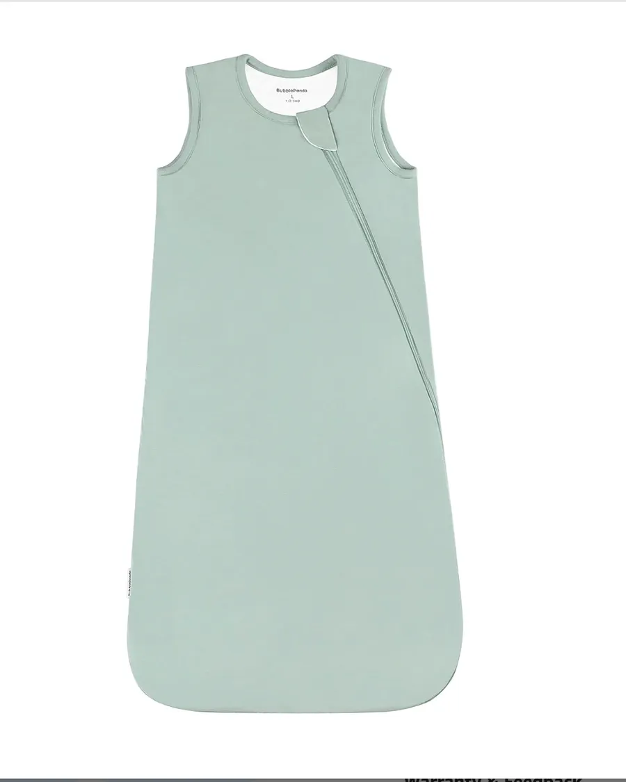 Light sage sleeveless baby sleep sack with diagonal zipper