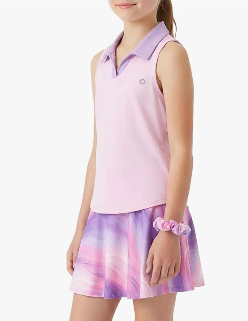 Girls pink and purple sleeveless tennis outfit with collared top and skirt