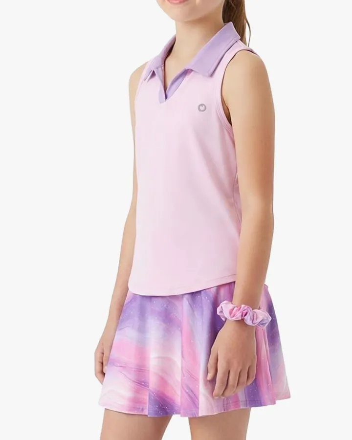 Girls pink and purple sleeveless tennis outfit with collared top and skirt
